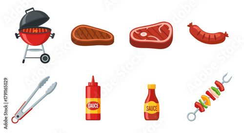Illustration of barbecue grill with meat and sauce condiments items