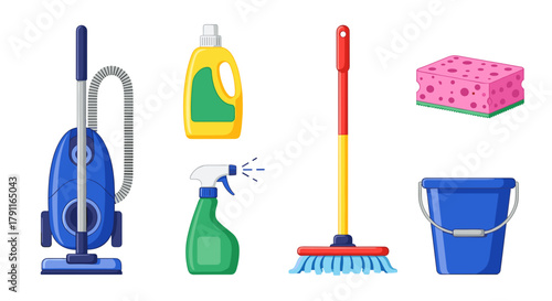 Illustration of cleaning supplies including vacuum and mop bucket