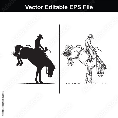 Silhouette and line art of a cowboy riding a bucking horse