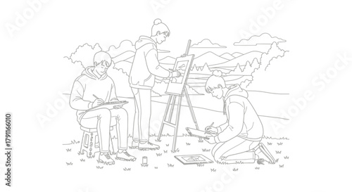 Three artists sketching outdoors, one standing at an easel, the others seated.