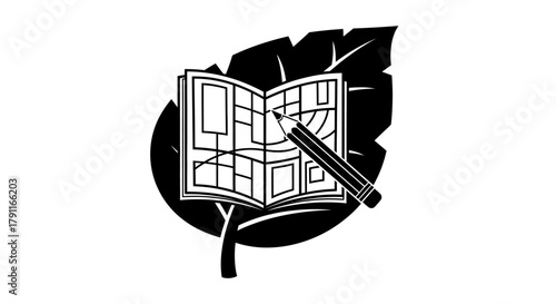 Illustration of an open book with a map and a pencil on a leaf.