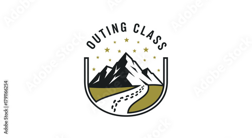 Outing Class logo with mountains, stars, and a path with footprints.
