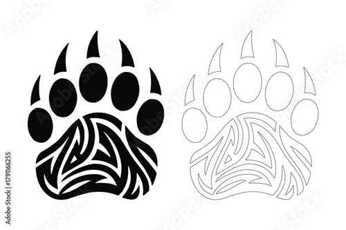Tribal bear paw print silhouette and outline design