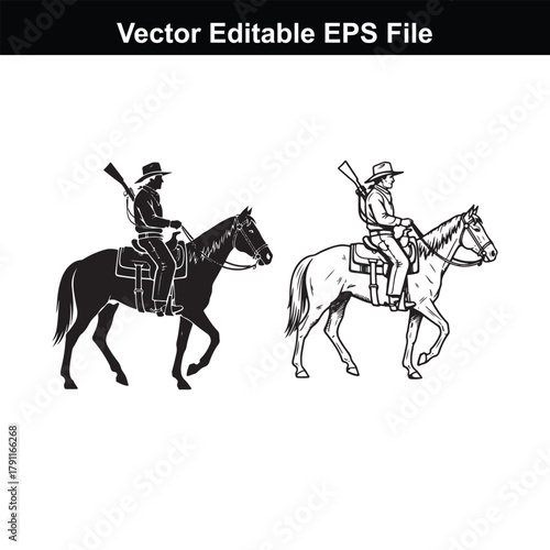 Silhouette and line art of a cowboy riding a horse with a rifle