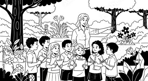 A teacher leads a group of students on a nature walk in a park.