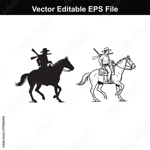 Silhouette and line art of a cowboy riding a horse with a rifle