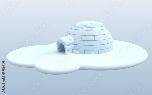 Highly detailed 3D render vector of a realistic ice igloo resting on a smooth snow platform. The scene is illuminated by soft, natural light and features subtle reflections on the icy surface. 