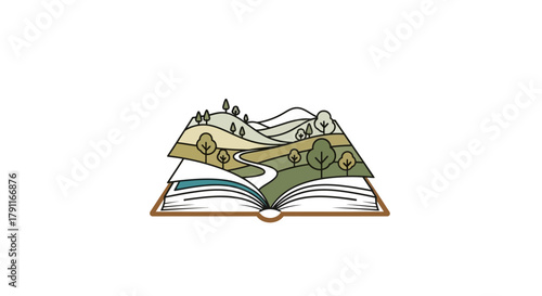 Illustration of a book with a landscape coming out of it.