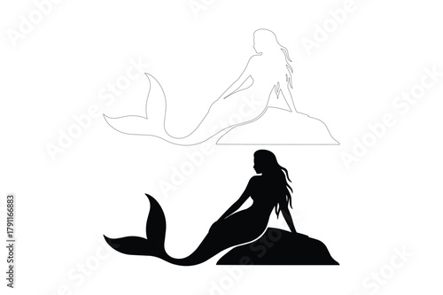Silhouette of a mermaid sitting on a rock under a starry sky