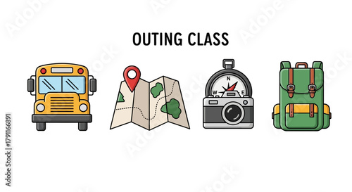 Outing class icons: bus, map, compass, and backpack.