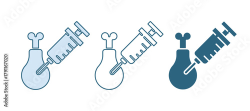 Blue Gmo research chicken icon isolated on white background. Syringe being injected to chicken. Vector