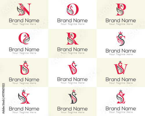 Collection of nine swan logos with letters N O P R S U V X Z vector