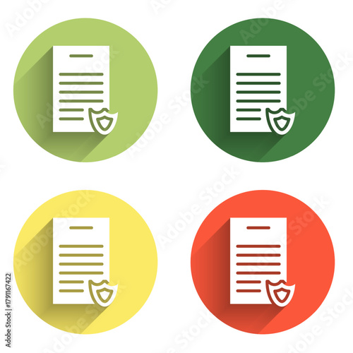 Set Firearms license certificate icon isolated with long shadow background. Weapon permit. Color circle button. Vector