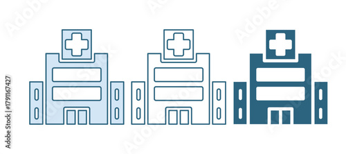 Blue Medical hospital building with cross icon isolated on white background. Medical center. Health care. Vector