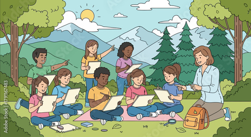 Children drawing outdoors with teacher, mountains in the background.