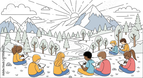 Children drawing in a scenic mountain landscape with trees, clouds, and a rising sun.