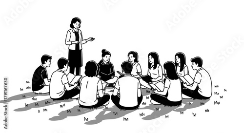 A group of people sitting in a circle listening to a woman standing and talking to them.