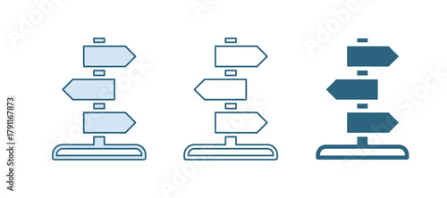 Blue Road traffic sign. Signpost icon isolated on white background. Pointer symbol. Isolated street information sign. Direction sign. Vector