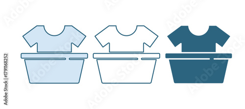 Blue Plastic basin with shirt icon isolated on white background. Bowl with water. Washing clothes, cleaning equipment. Vector