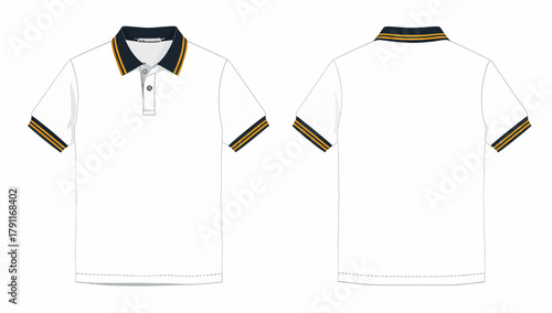 White Short Sleeve Polo Shirt Technical Flat with Striped Rib Collar and Cuffs