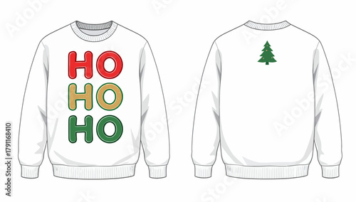 White Christmas Sweater Technical Flat with HO HO HO Text and Christmas Tree Graphic