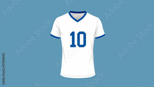 White V-Neck Soccer T-Shirt Jersey Technical Flat with Blue Contrast Trim and Number 10