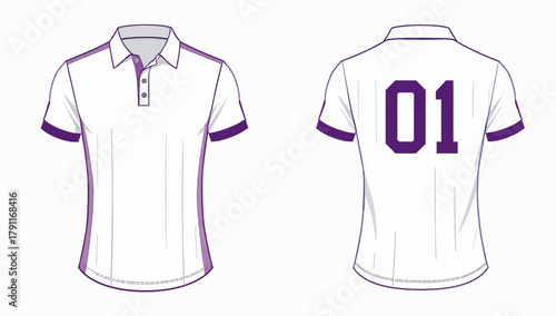 White Short Sleeve Polo Shirt Technical Flat with Purple Contrast Trim and Number 01