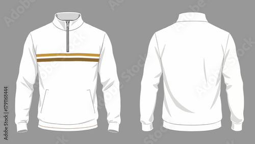 White Quarter Zip Pullover Sweatshirt Technical Flat with Contrast Horizontal Chest Stripe