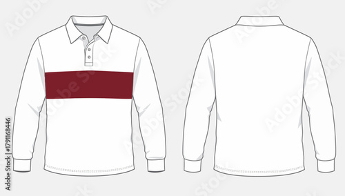Long Sleeve White Polo Shirt Technical Flat with Contrast Horizontal Chest Stripe and Placket
