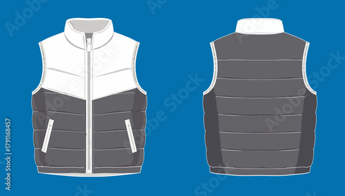 Padded Puffer Vest Technical Flat with Horizontal Quilting and Two-Tone Color Block Design