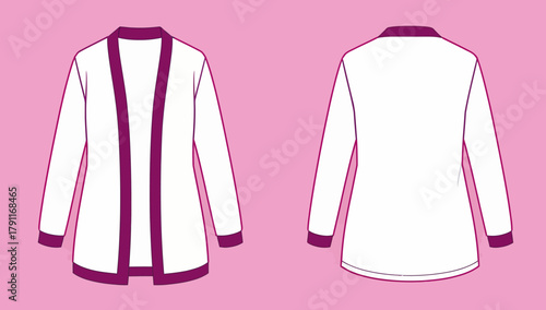 Women's Open Cardigan Technical Fashion Flat with Long Sleeves and Contrast Trim