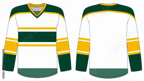 Ice Hockey Jersey Technical Sketch – Long Sleeve V-Neck Uniform Front and Back View CAD Template with Chest and Sleeve Stripes for Sportswear Mockup