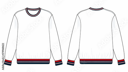 Classic Crewneck Sweatshirt Technical Sketch – Striped Ribbing Pullover Front and Back View CAD Template for Casual Sportswear Mockup