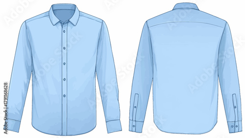 Classic Light Blue Dress Shirt Technical Sketch – Long Sleeve Button-Down Collar Shirt Front and Back View CAD Template for Business Apparel Mockup