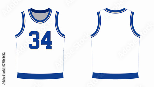 Basketball Uniform Jersey Technical Sketch – Sleeveless Sport Tank Top Front and Back View CAD Template with Number 34 for Team Apparel Mockup