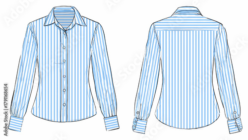 Women's Fitted Pinstripe Button-Up Shirt Technical Sketch – Classic Collared Blouse Front and Back View Fashion Flat CAD Template