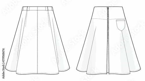 A-Line Skirt Technical Sketch – Full Back Zipper and Patch Pocket Vector Illustration Fashion Flat CAD Template for Women's Apparel Design