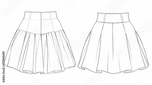 High Waisted Flared Mini Skirt Technical Sketch – Pleated A-Line Skirt Front and Back View Fashion Flat CAD Template for Women's Apparel