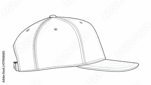 Classic Six-Panel Baseball Cap Technical Sketch – Side View Vector Illustration of Sports Hat CAD Template for Apparel Mockup and Design