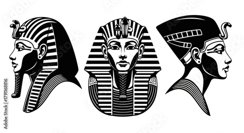 Ancient Egyptian Pharaoh Mask Set - King Tutankhamun Black and White Vector Illustration for History and Mythology Design