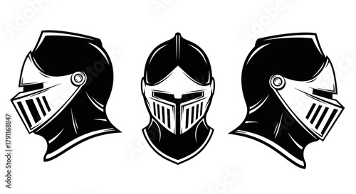 Medieval Knight Combat Helmet Set - Black and White Vector Illustration for Historical, Gaming, and E-sports Mascot