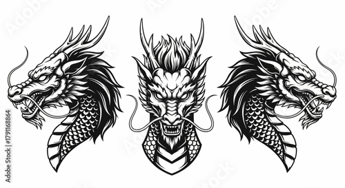 Furious Oriental Dragon Head Set - Traditional Asian Mythology Vector Illustration for Gaming Mascot and Tattoo Design