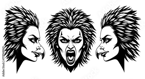 Furious Harpy or Mythological Bird Woman Head Set - Aggressive Female Creature Mascot Vector Illustration for Fantasy and Gaming