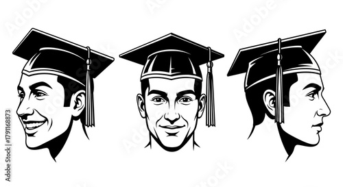 Happy Male University Graduate Head Set - Smiling Man in Mortarboard Cap Vector Illustration for Education and Achievement