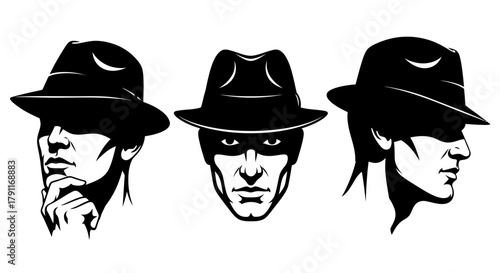 Mysterious Man in Fedora Hat Set - Film Noir Style Detective or Gangster Vector Illustration for Vintage Crime Theme