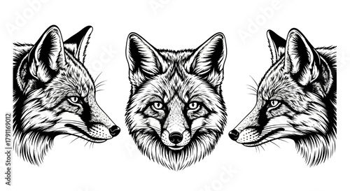 Detailed Fox Head Set - Sly Wildlife Animal Vector Illustration for Mascot, Logo, or Vintage Tattoo Design
