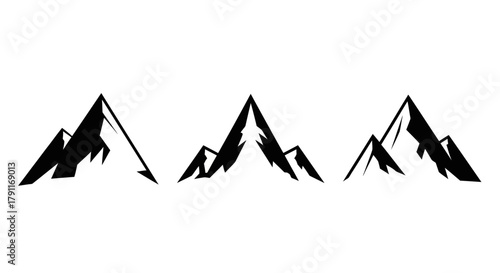 Set of Minimalist Mountain Peak Logos - Abstract Black and White Vector Icons for Outdoor Adventure and Hiking Brand Design