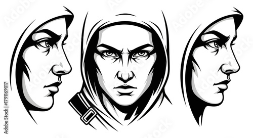 Mysterious Hooded Woman Head Set - Serious Female Assassin Character Vector Illustration for Gaming and E-sports Mascot