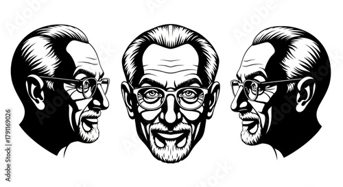Smiling Senior Man Head with Glasses and Beard - Wise Old Professor Character Vector Illustration for Education and Business