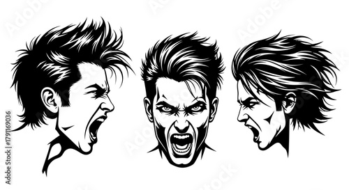 Angry Screaming Rock Star Man Head Set - Aggressive Punk Character Vector Illustration for Music, Mascot, or E-sports